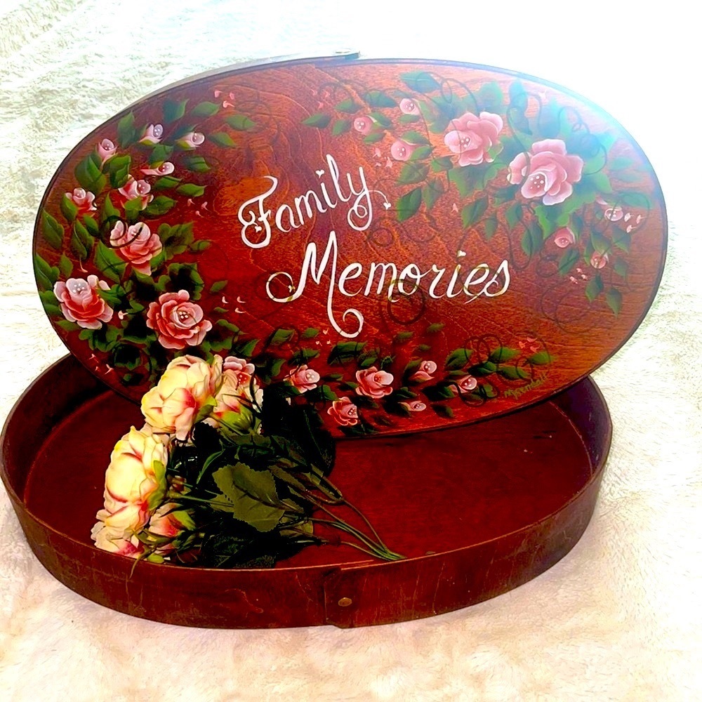 Hand painted Toleware Wood Oval Box. Signed